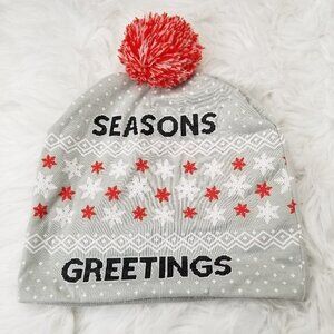 Seasons Greetings Snowflakes Pom Pom Gray Beanie Skull‎ Cap Hat